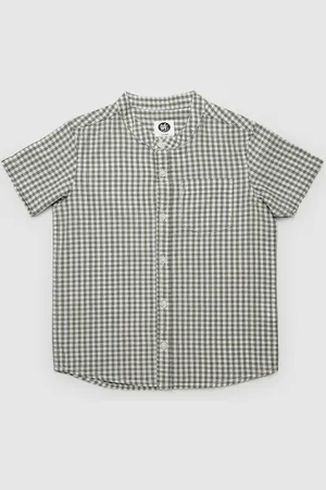 YK Boys Mandarin Collar Short Sleeves Cotton Comfort Regular Fit Checked Casual Shirt