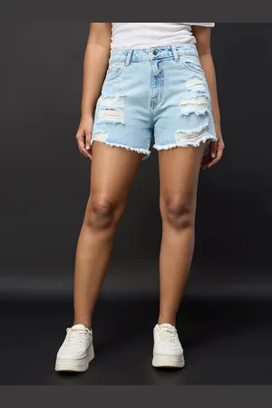 FREAKINS Women Washed Ripped High-Rise Denim Shorts