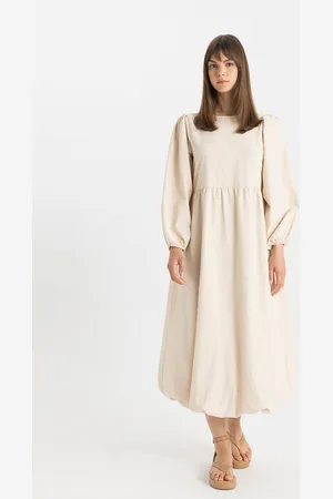 DeFacto Women Solid Long Sleeves Flared Round Neck A-Line Midi Dress