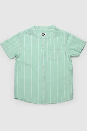 YK Boys Comfort Vertical Stripes Mandarin Collar Short Sleeves Cotton Casual Shirt