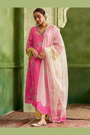 DRESOUL Women Floral Embroidered Regular Sequinned Pure Silk Kurta with Palazzos & With Dupatta