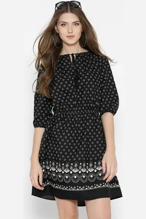 Sera Ethnic Motifs Printed Tie-Up Neck Crepe Fit & Flare Mini Dress