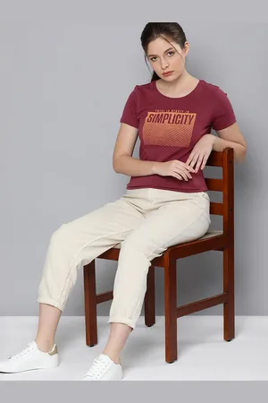 HERE&NOW Women Burgundy & Orange Printed Pure Cotton T-shirt