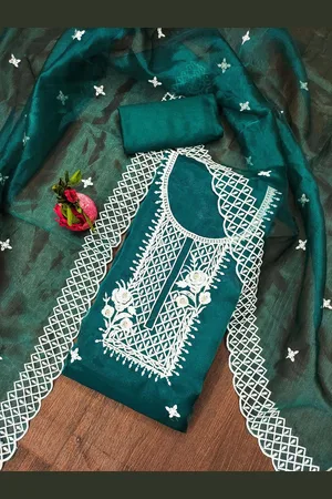 Kalini Floral Embroidered Thread Work Organza Unstitched Dress Material