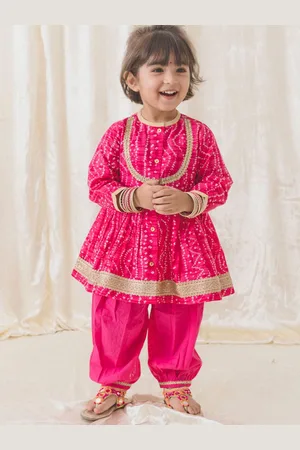 Tiber Taber Girls Printed Gotta Patti Pure Cotton Anarkali Pleated Kurta With Salwar