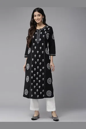 ADAM Co. Floral Embroidered Notch Neck Lucknowi Chikankari Cotton Straight Kurta