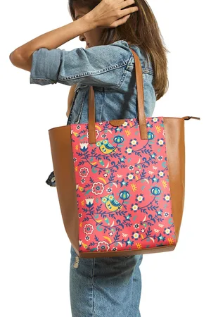 TEAL Floral Printed Structured Tote Bag with Bow Detail