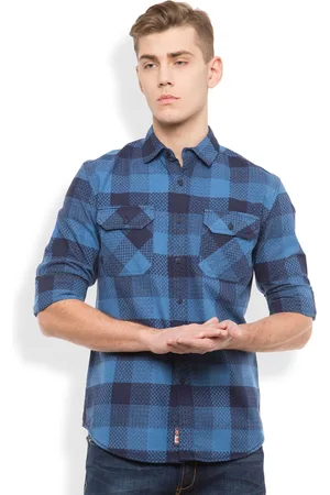 LocoMotive Men Blue Slim Fit Checked Casual Shirt