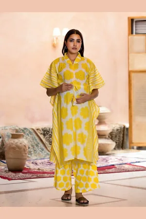 Aujjessa Floral Printed Beads and Stones Pure Cotton Kaftan Maternity Kurta with Palazzo