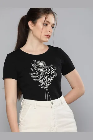 HERE&NOW Women Black & White Floral Printed Pure Cotton T-shirt