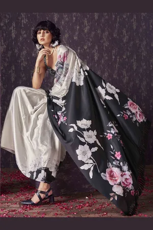 Tikhi Imli Floral Satin Fusion Black And White Saree