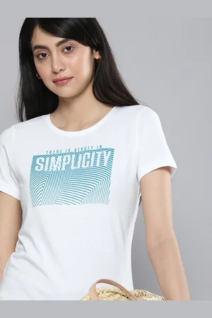 HERE&NOW Women White & Blue Printed Pure Cotton T-shirt
