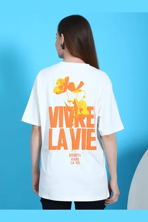 DOOR74 Women Typography Printed Round Neck Oversized Cotton T-shirt