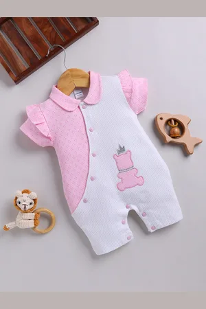 Moms Love Infant Girls Printed Cotton Rompers with Applique Detail
