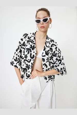 Koton Women Cuban Collar Conversational Printed Linen Casual Shirt