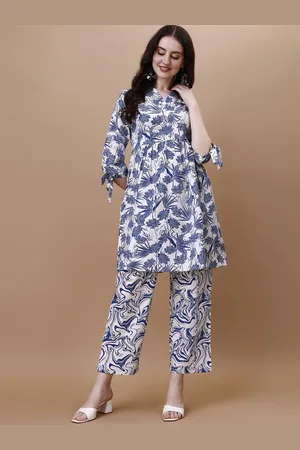 HERE&NOW Floral Printed V Neck Pure Cotton Tunic With Trouser