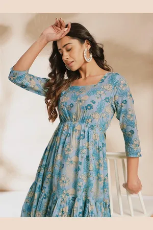 Janasya Floral Print Square Neck Cotton A-Line Dress