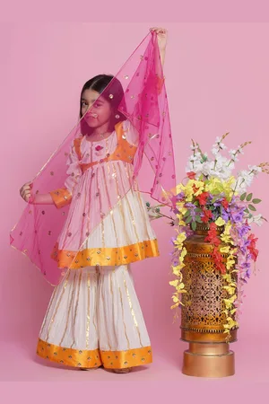 Little Bansi Girls Striped Pure Cotton A-Line Kurta With Sharara & Dupatta