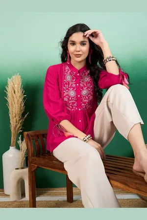 Sangria Women Embroidered Floral Print Mandarin Collar Top