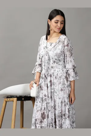 SHOWOFF Women White & Grey Floral Chiffon Maxi Dress With Shrug