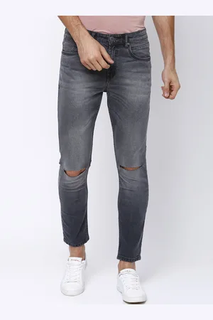 LocoMotive Men Charcoal Grey Slim Fit Mid-Rise Slash Knee Stretchable Ankle-Length Jeans