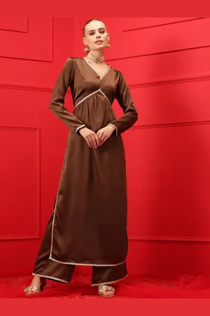 indo street V-Neck High Slit Satin Straight Kurta With Palazzos