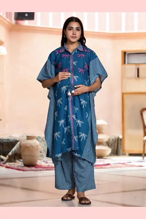 Aujjessa Floral Printed Beads and Stones Pure Cotton Kaftan Maternity Kurta with Palazzo