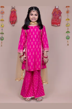 HERE&NOW Girls Fuchsia Floral Printed A-Line Kurta with Sharara & Dupatta