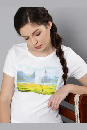 HERE&NOW Women White & Blue Printed Pure Cotton T-shirt