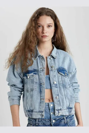 DeFacto Women Washed Crop Denim Jacket with Patchwork