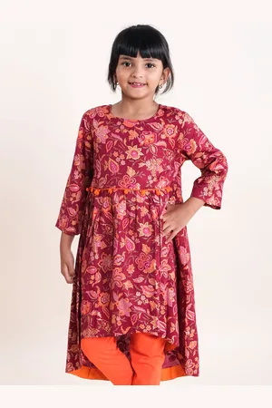 KiddoPanti Girls Round Neck Paisley Printed Flared Sleeves A-Line Kurta