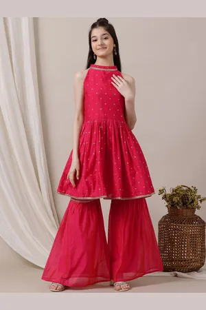 Inddus Girls Ethnic Motifs Pleated A-Line Chanderi Cotton Kurta with Sharara