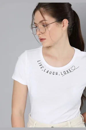 HERE&NOW Women White & Black Typography Printed Pure Cotton T-shirt