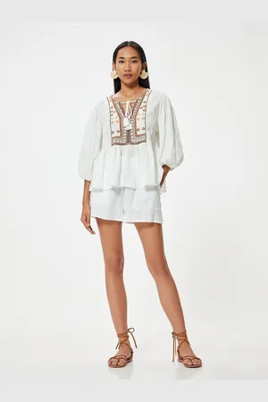 Koton Women Ethnic Motifs Printed Tie-Up Neck Cotton Top