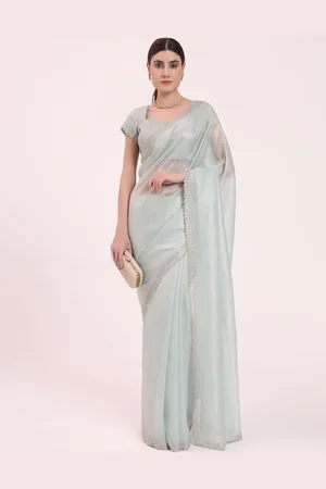FIORRA Organza Crushed Zerkhan Handwork Embellished Border Saree With Unstitched Blouse