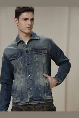 WROGN Men Washed Checked Crop Denim Jacket with Patchwork
