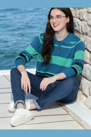 Mast & Harbour Women Blue & Green Striped Pullover