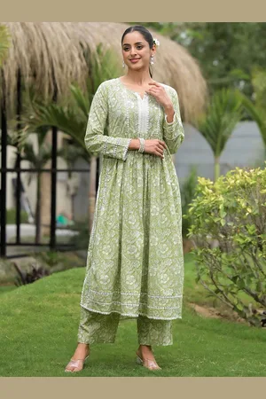 Divena World Floral Printed Thread Work Pure Cotton A-Line Kurta With Trouser