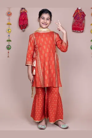 HERE&NOW Girls Rust Floral Printed A-Line Kurta with Sharara & Dupatta