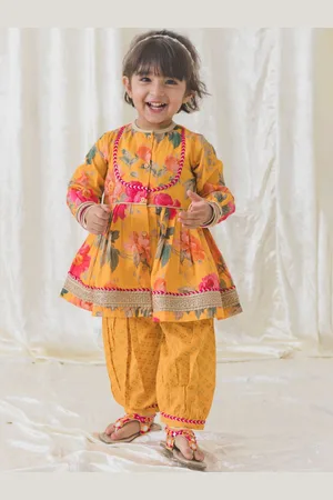 Tiber Taber Girls Floral Printed Gotta Patti Pure Cotton Anarkali Kurti With Salwar