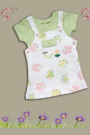 Babys Day Infant Girls Printed Dungaree With T-Shirt