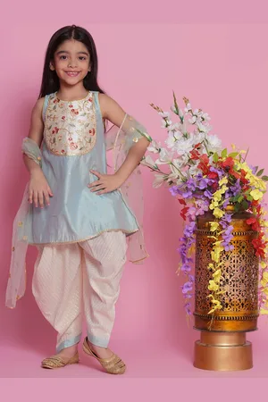 Little Bansi Girls Floral Embroidered Cotton Silk A-Line Kurta With Patiala & Dupatta