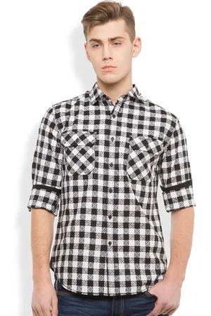 LocoMotive Men Black & White Slim Fit Checked Casual Shirt