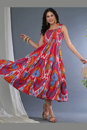 Globus Bohemian Printed Square Neck Cotton Smocked Tiered Fit and Flare Midi Dress