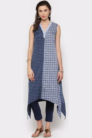 Sera Blue V Neck Geometric Printed A-Line Kurta