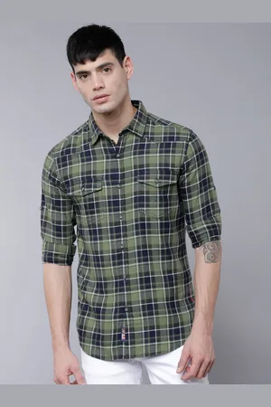 LocoMotive Men Green & Navy Blue Slim Fit Checked Casual Shirt