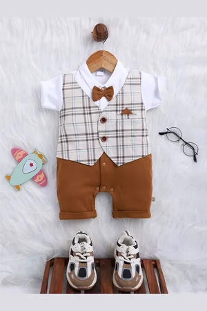 Moms Love Infant Boys Checked Shirt Collar Cotton Rompers