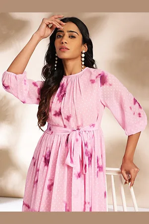 Janasya Pink Tie & Dye Print Puff Sleeve Belted Dobby Georgette Fit & Flare Midi Dress