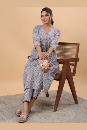 Janasya Floral Printed Pure Cotton Panelled A-Line Kurta with Trousers