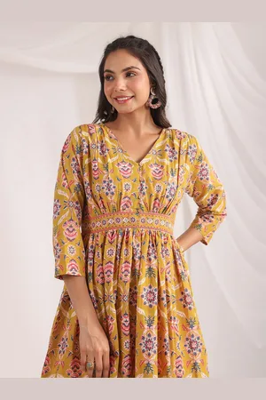 Janasya Floral Printed V-Neck Gathered or Pleated Cotton Fit & Flare Midi Dress